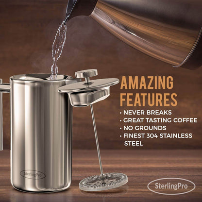 French Press Coffee Maker(1L)-Double Walled Large Coffee Press with 2 Extra Free Replacement Screens-Enjoy Granule-Free Coffee, Stylish Rust Free Kitchen Accessory-Stainless Steel