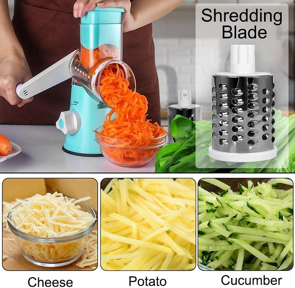 Graters for Kitchen,Cheese Grater Efficient Vegetable Slicer with 3 Interchangeable round Stainless Steel Blades,Easy to Clean Rotary Cheese Grater for Fruit,Vegetables,Nuts. (Blue)