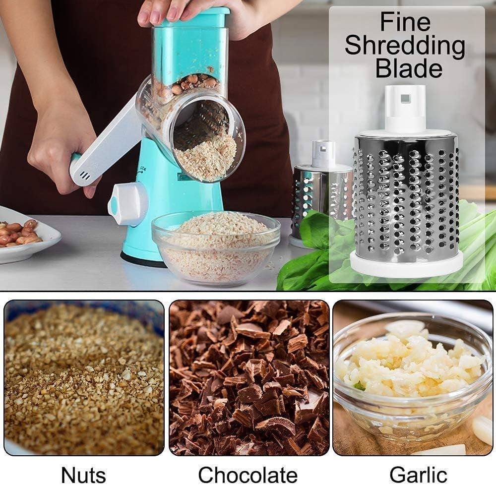 Graters for Kitchen,Cheese Grater Efficient Vegetable Slicer with 3 Interchangeable round Stainless Steel Blades,Easy to Clean Rotary Cheese Grater for Fruit,Vegetables,Nuts. (Blue)