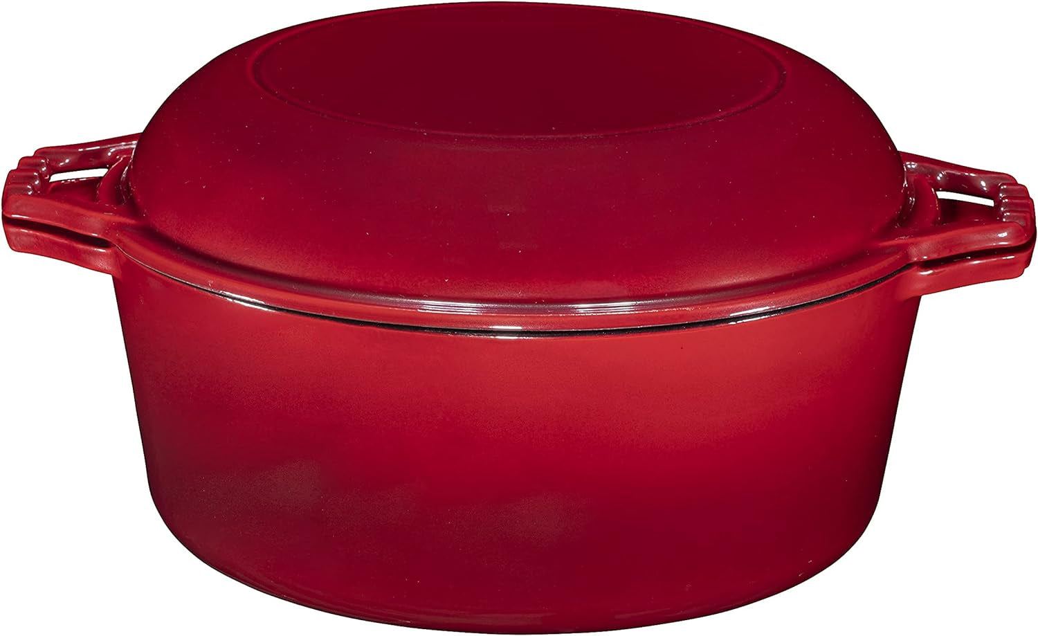 7 Quart Dutch Oven Pot with Lid - 2-In-1 Oval Cast Iron Enamel Cookware with Skillet Top - Enameled Dutch Oven for Bread, Baking, Stews, Roasting - Heat Resistant up to 500°F - Red Finish