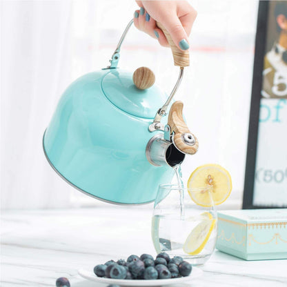 Tea Pot with Cool Touch Handle, Stainless Steel Stovetop Whistling Kettle, 2.5 Quart (Blue)