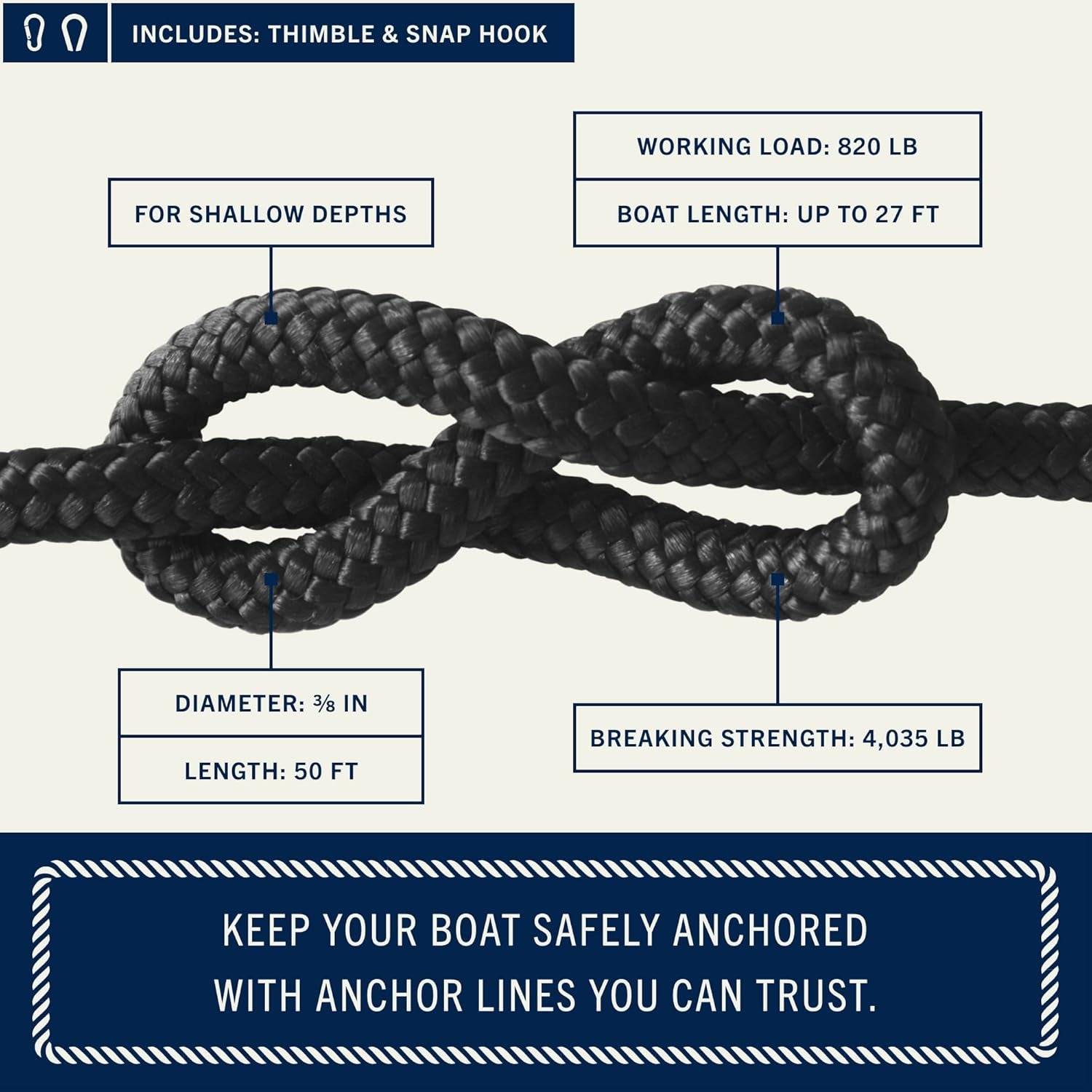 Rainiersupplyco Boat Anchor Rope - Double Braided Marine Rope Anchor Line - 50Ft Nylon Boating Line with 316 Stainless Steel Thimble and Heavy Duty Marine Grade Snap Hook