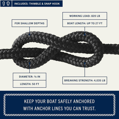 Rainiersupplyco Boat Anchor Rope - Double Braided Marine Rope Anchor Line - 50Ft Nylon Boating Line with 316 Stainless Steel Thimble and Heavy Duty Marine Grade Snap Hook
