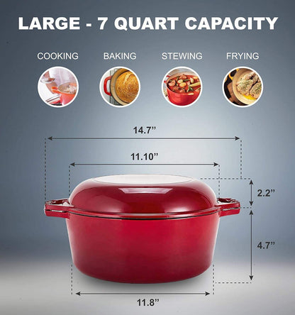 7 Quart Dutch Oven Pot with Lid - 2-In-1 Oval Cast Iron Enamel Cookware with Skillet Top - Enameled Dutch Oven for Bread, Baking, Stews, Roasting - Heat Resistant up to 500°F - Red Finish