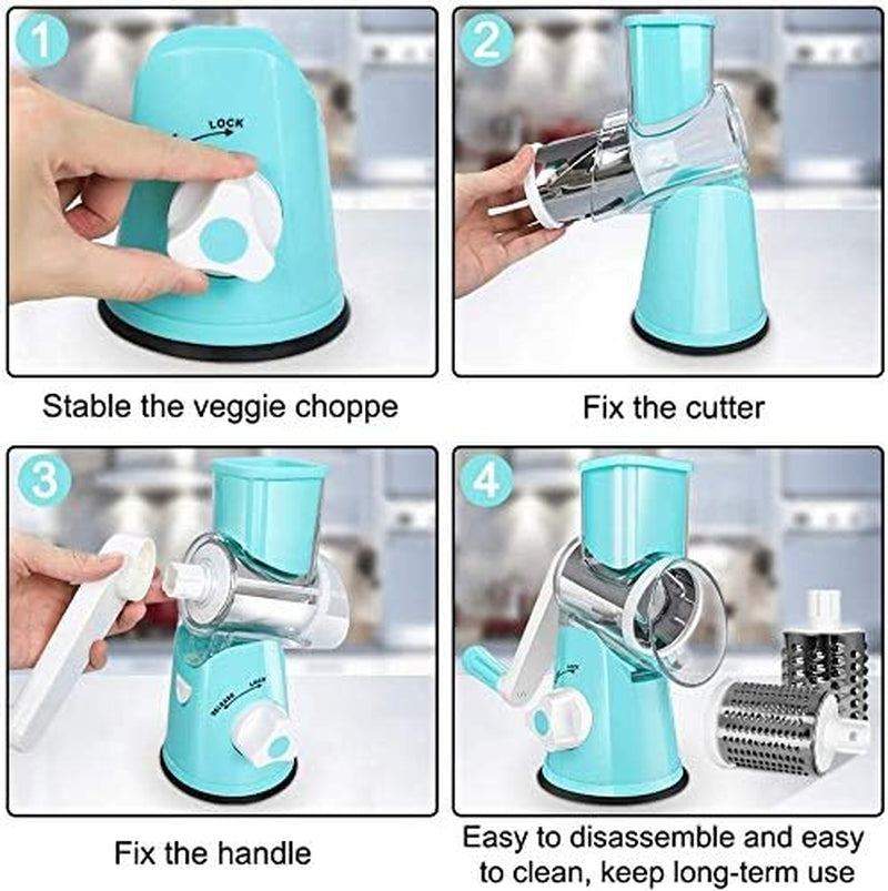 Graters for Kitchen,Cheese Grater Efficient Vegetable Slicer with 3 Interchangeable round Stainless Steel Blades,Easy to Clean Rotary Cheese Grater for Fruit,Vegetables,Nuts. (Blue)