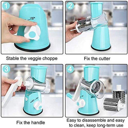 Graters for Kitchen,Cheese Grater Efficient Vegetable Slicer with 3 Interchangeable round Stainless Steel Blades,Easy to Clean Rotary Cheese Grater for Fruit,Vegetables,Nuts. (Blue)