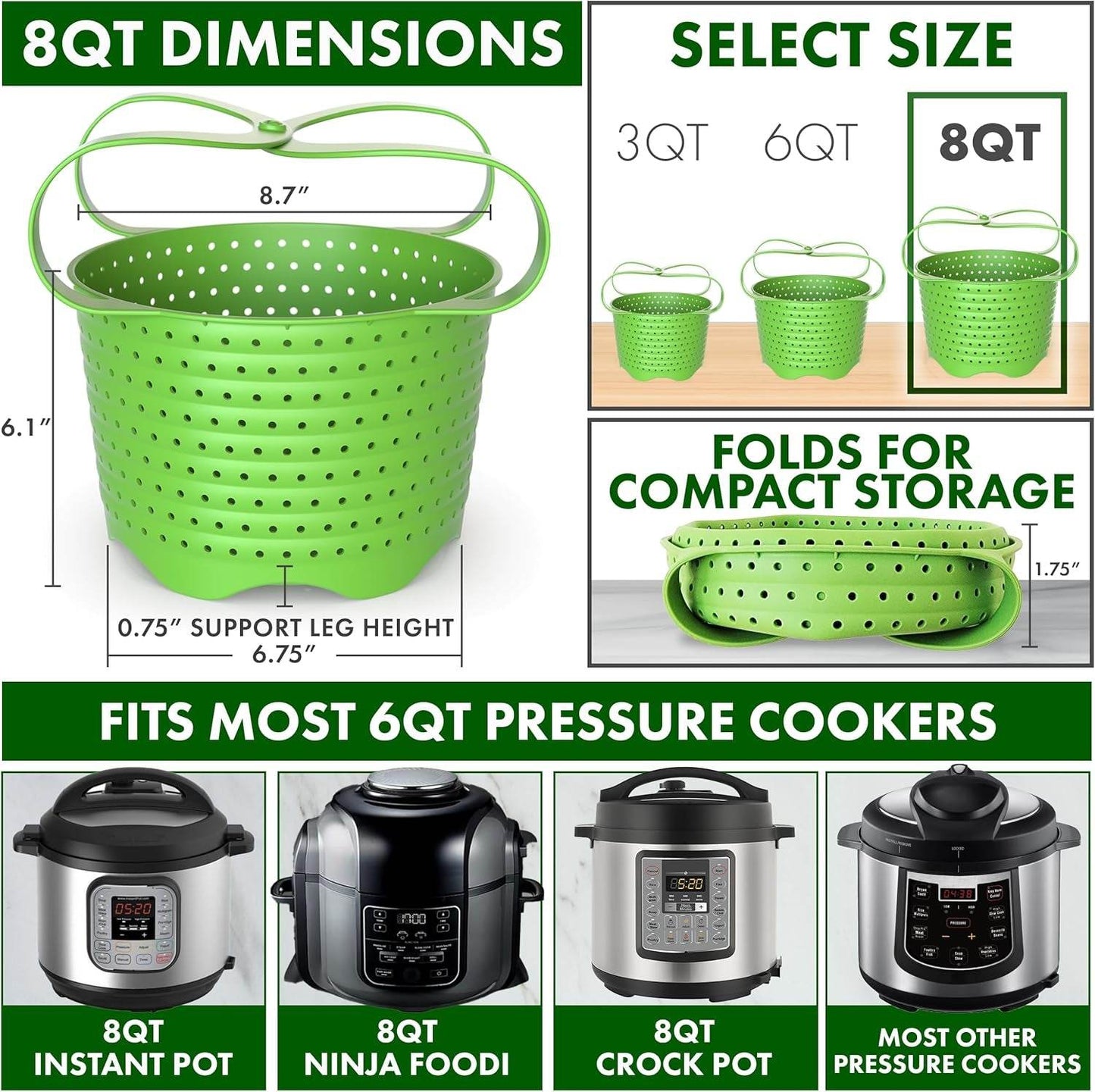 Silicone Steamer Basket for 8Qt Instant Pot [3Qt, 6Qt Avail], Ninja Foodi, Other Pressure Cookers - 100% Food Safe, Bpa-Free, Dishwasher Safe Collapsible Vegetable Steamer Basket & Strainer