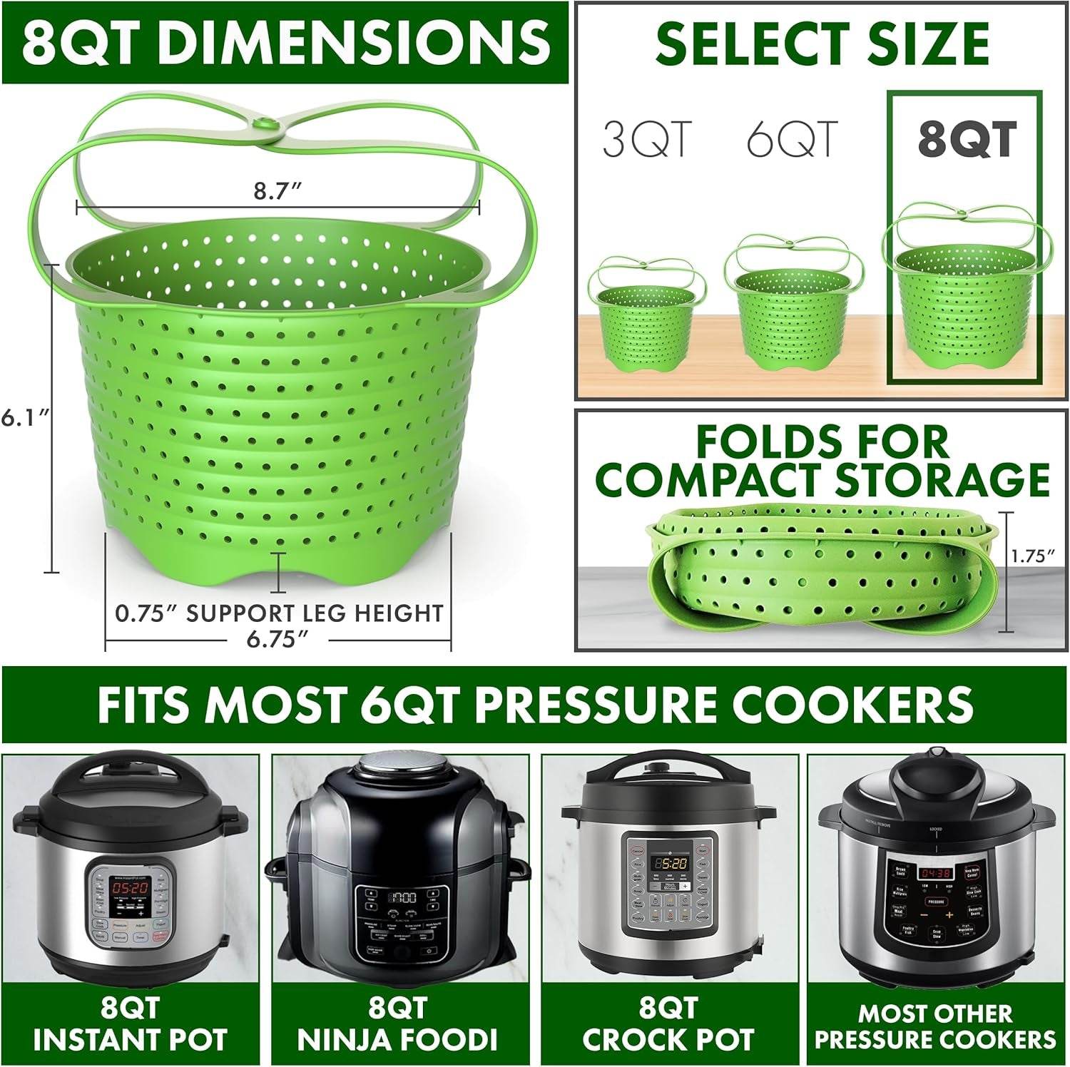 Silicone Steamer Basket for 8Qt Instant Pot [3Qt, 6Qt Avail], Ninja Foodi, Other Pressure Cookers - 100% Food Safe, Bpa-Free, Dishwasher Safe Collapsible Vegetable Steamer Basket & Strainer