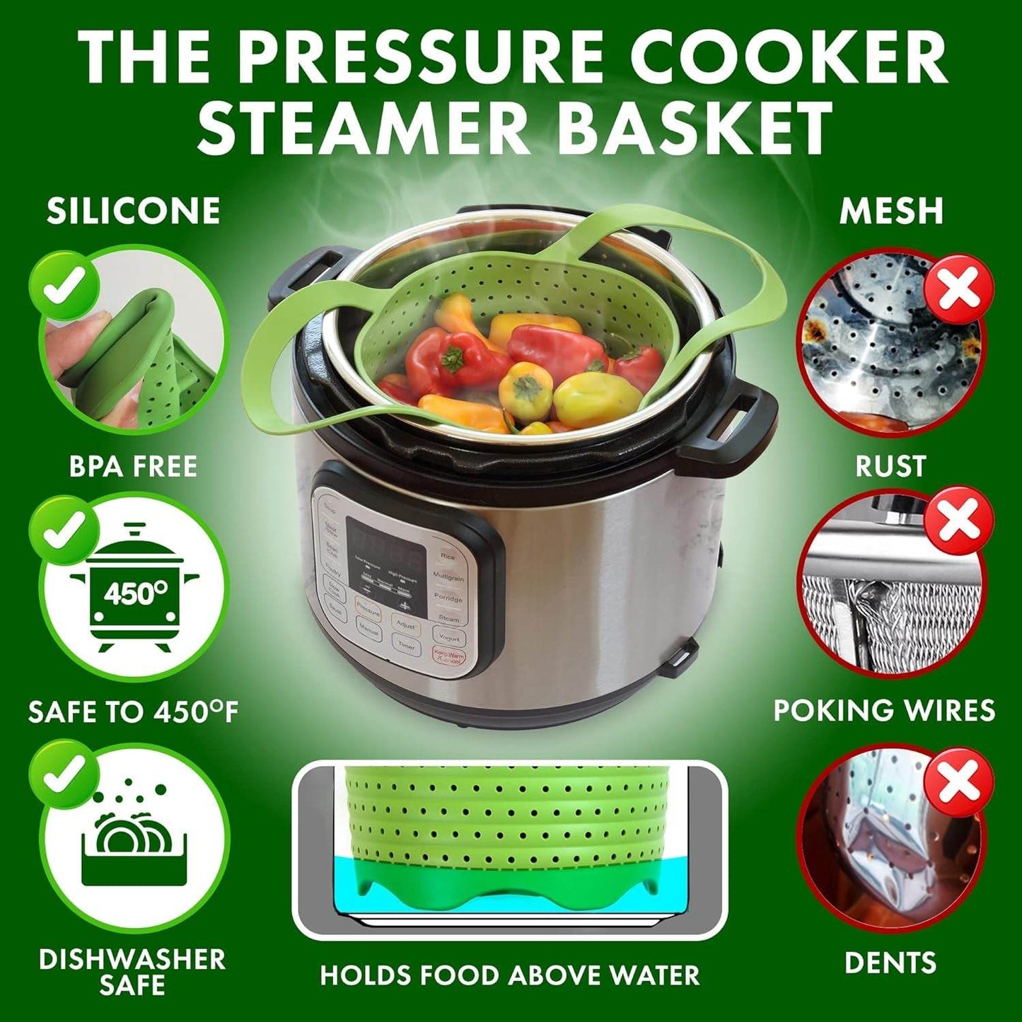 Silicone Steamer Basket for 8Qt Instant Pot [3Qt, 6Qt Avail], Ninja Foodi, Other Pressure Cookers - 100% Food Safe, Bpa-Free, Dishwasher Safe Collapsible Vegetable Steamer Basket & Strainer