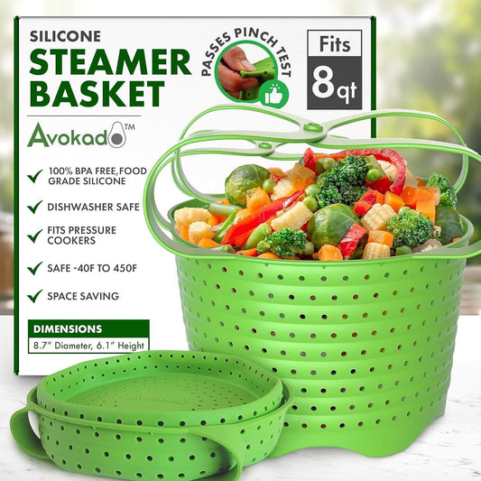 Silicone Steamer Basket for 8Qt Instant Pot [3Qt, 6Qt Avail], Ninja Foodi, Other Pressure Cookers - 100% Food Safe, Bpa-Free, Dishwasher Safe Collapsible Vegetable Steamer Basket & Strainer