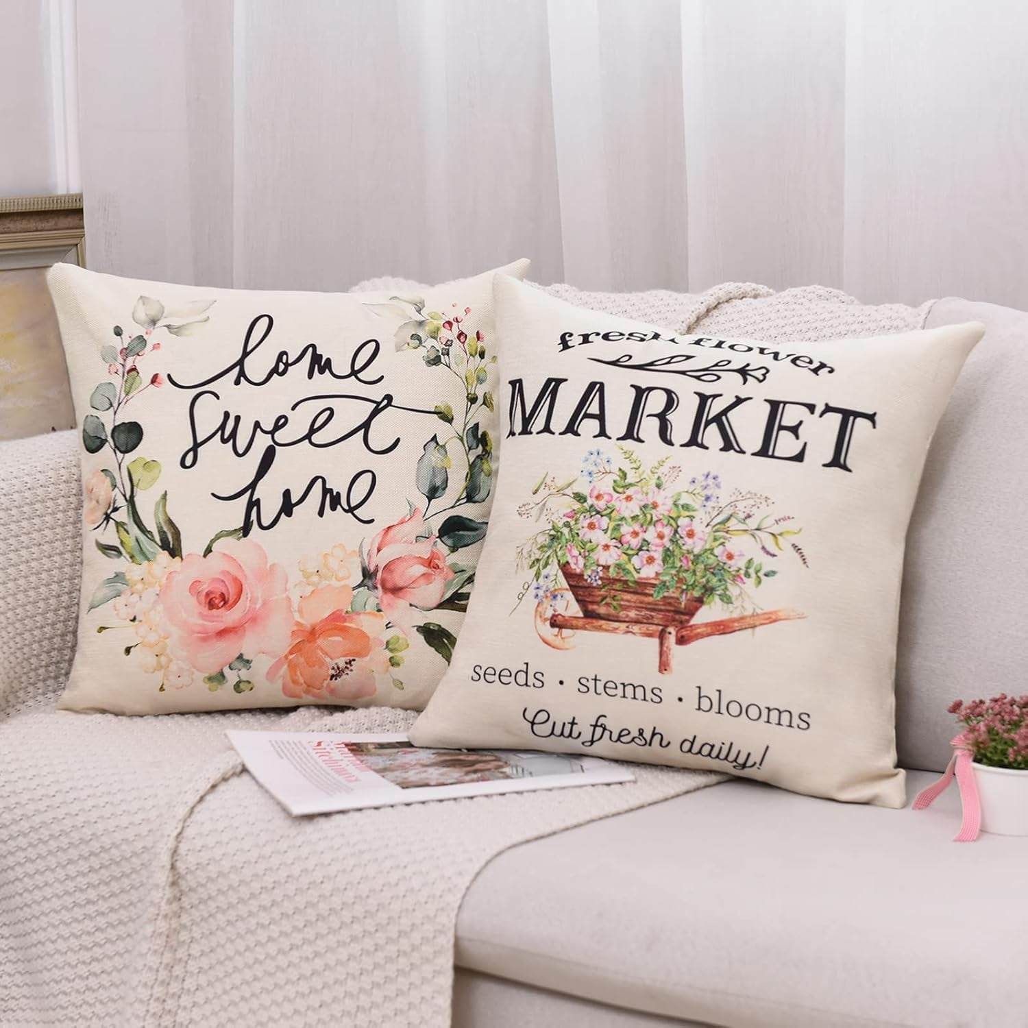 Set of 4 Decorative Spring Floret Throw Pillow Covers - Bicycle Car Flower Linen 18 X 18 Inches Pillow Cushion Case for Sofa Couch Bed Home Outdoor (18" X 18", Spring/Vintage)
